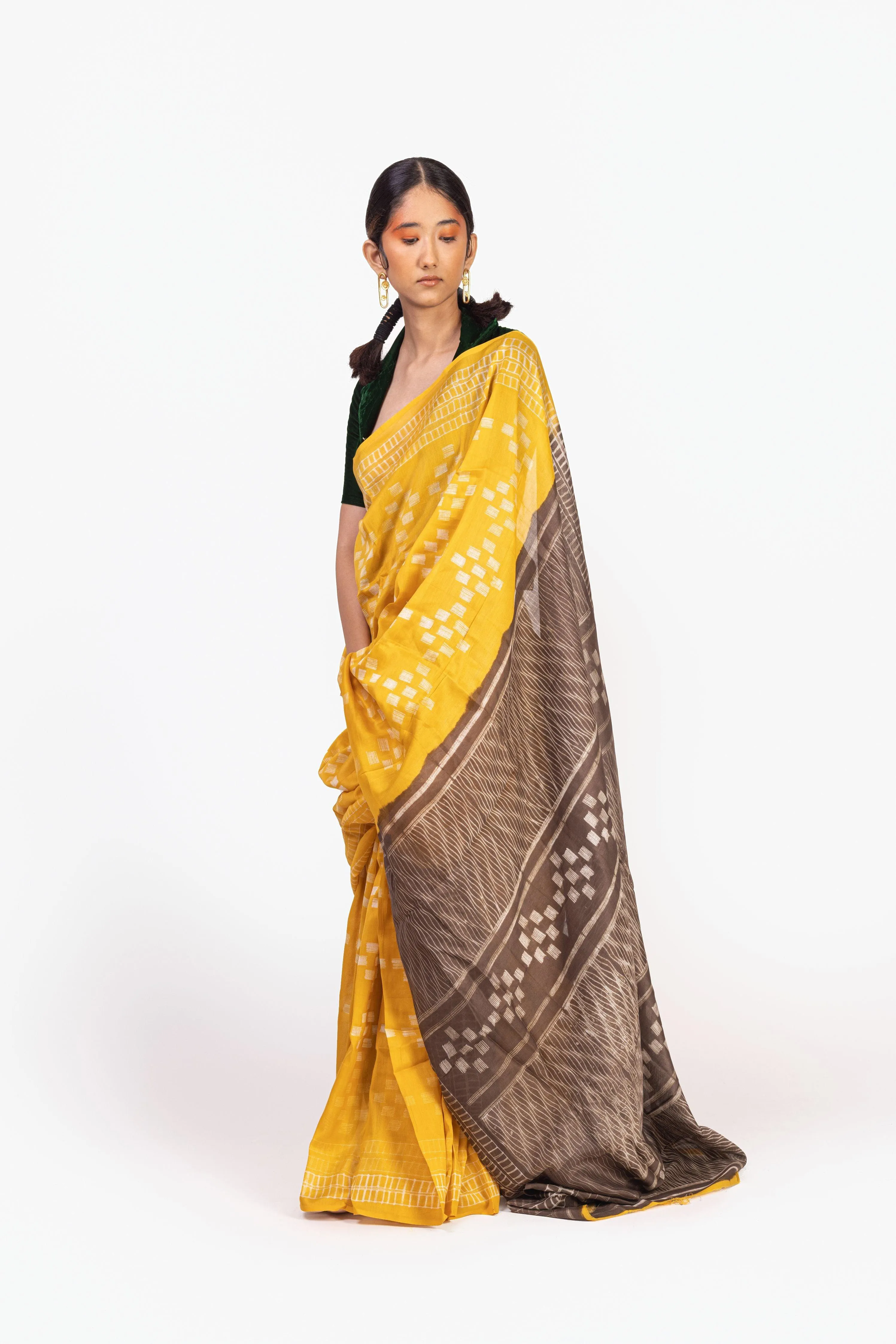 The art of Tie and Dye - Zahra - Mustard and Brown Shibori saree