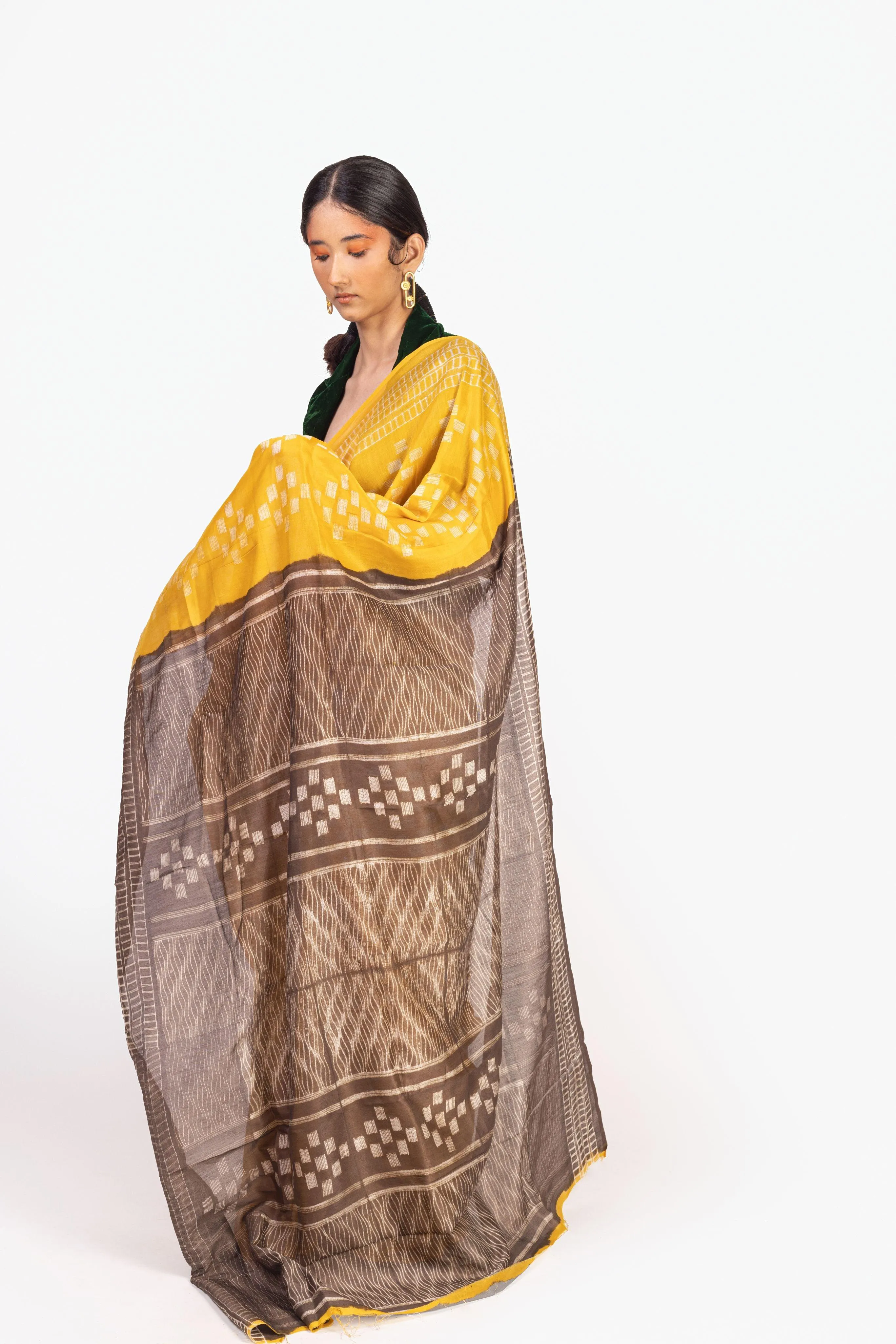 The art of Tie and Dye - Zahra - Mustard and Brown Shibori saree