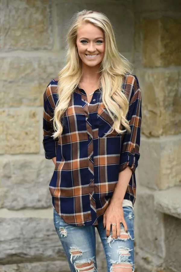 Traditional Mustard & Navy Plaid Top