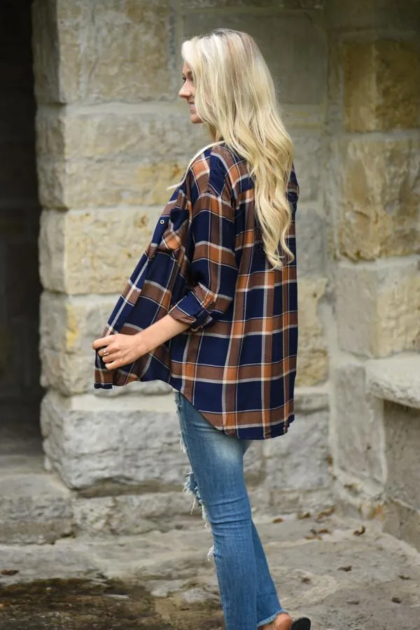Traditional Mustard & Navy Plaid Top