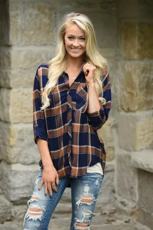 Traditional Mustard & Navy Plaid Top