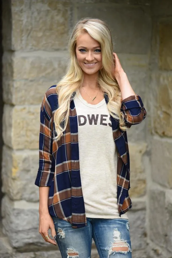 Traditional Mustard & Navy Plaid Top