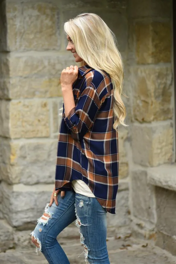 Traditional Mustard & Navy Plaid Top