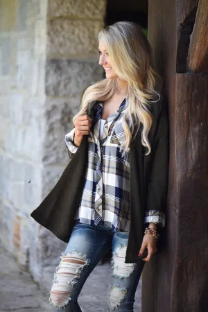 Traditional Olive & Navy Plaid Top