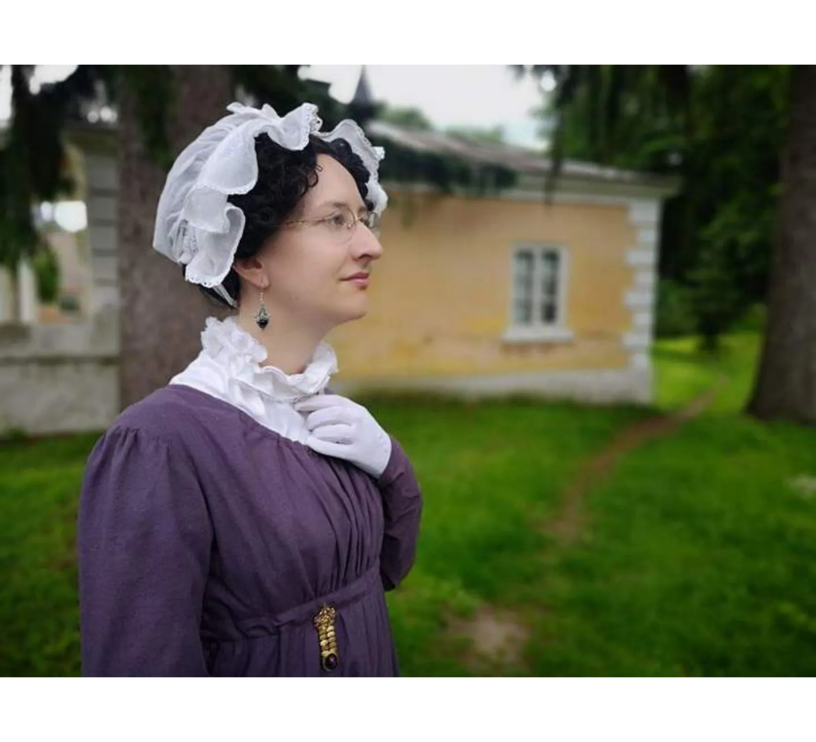 Violet regency day linen dress inspired by Jane Austen novels