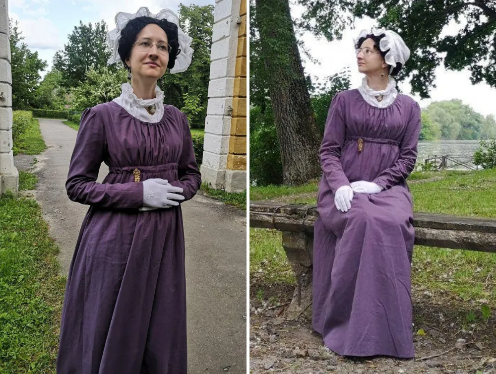 Violet regency day linen dress inspired by Jane Austen novels
