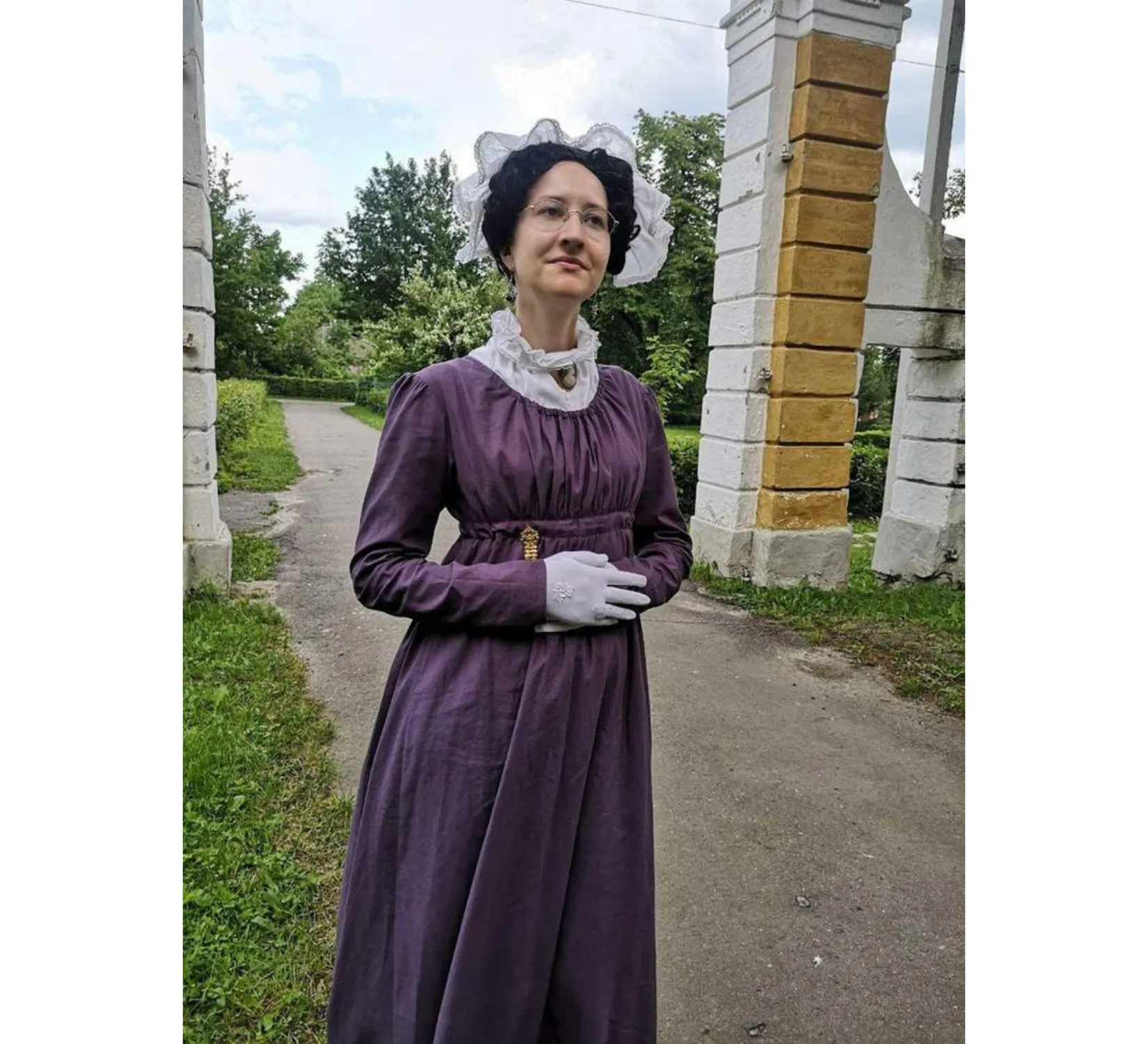 Violet regency day linen dress inspired by Jane Austen novels