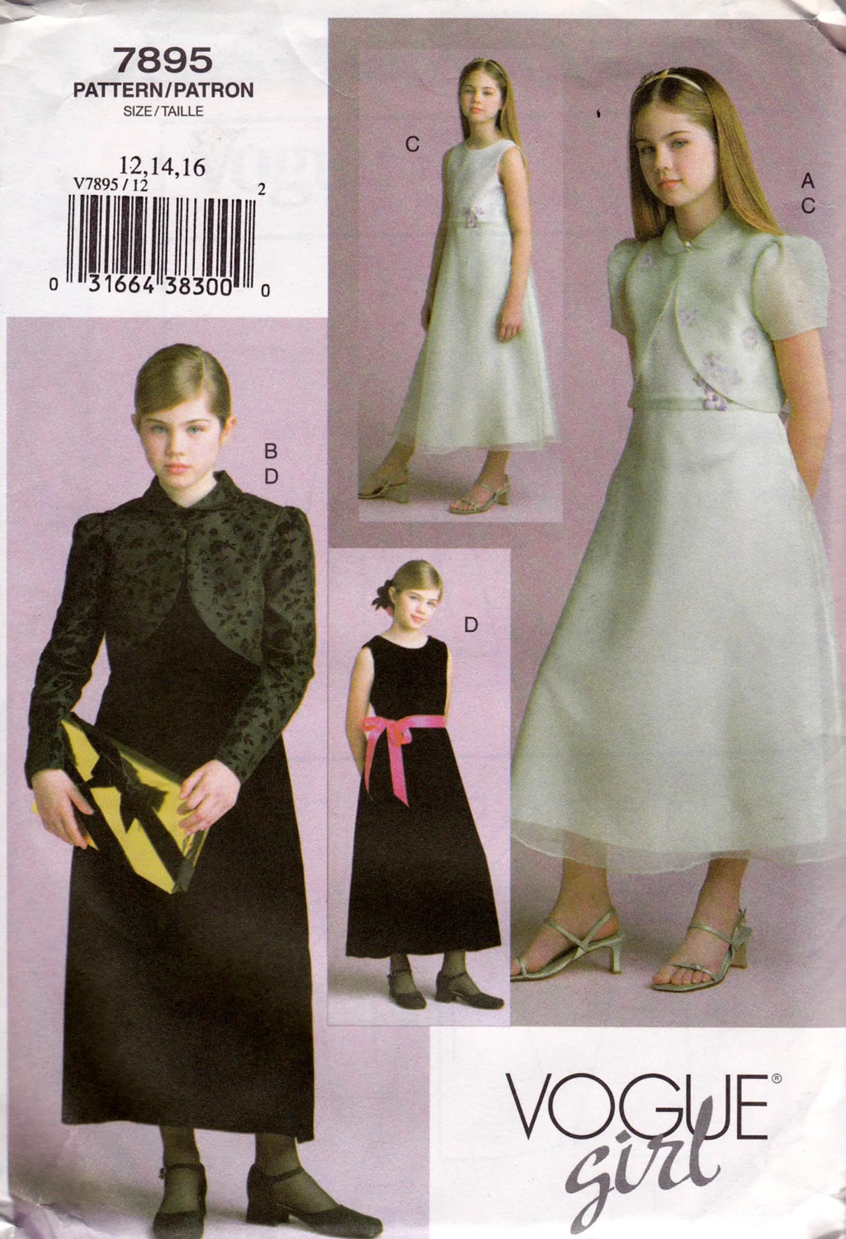 Vogue 7895 Teen Girls Flower Girl Bridesmaids or Evening Dress & Jacket Sewing pattern Size 12 - 16 UNCUT Factory Folded