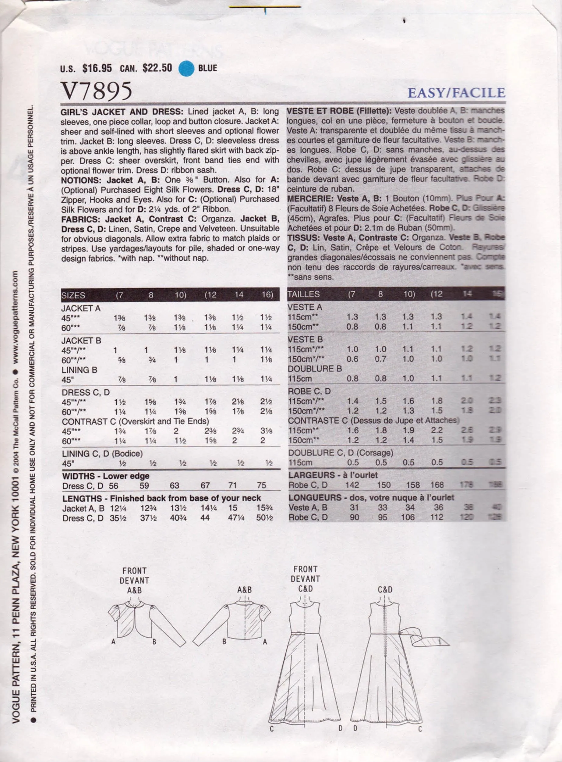 Vogue 7895 Teen Girls Flower Girl Bridesmaids or Evening Dress & Jacket Sewing pattern Size 12 - 16 UNCUT Factory Folded