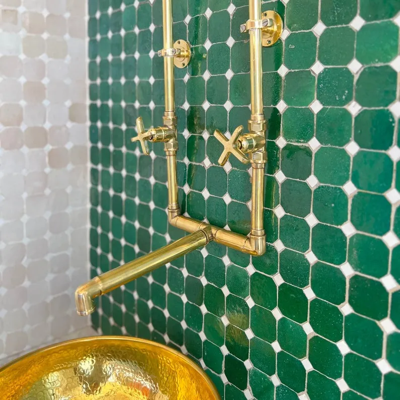 Wall Mounted Bathroom Faucet in Unlacquered Brass with Long Legs - Elegant Bathroom Faucets