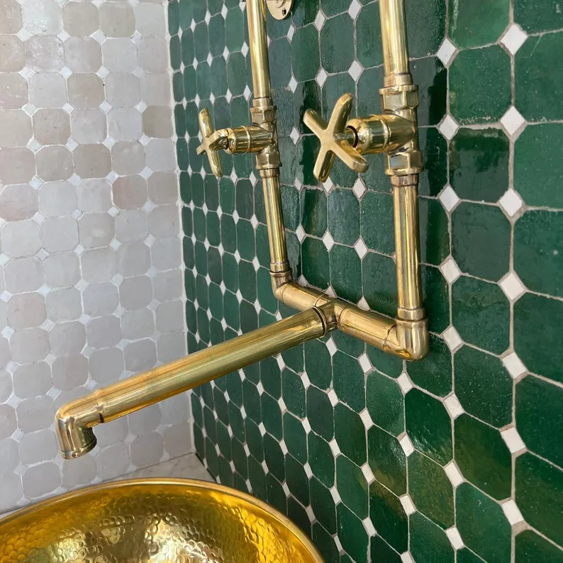 Wall Mounted Bathroom Faucet in Unlacquered Brass with Long Legs - Elegant Bathroom Faucets