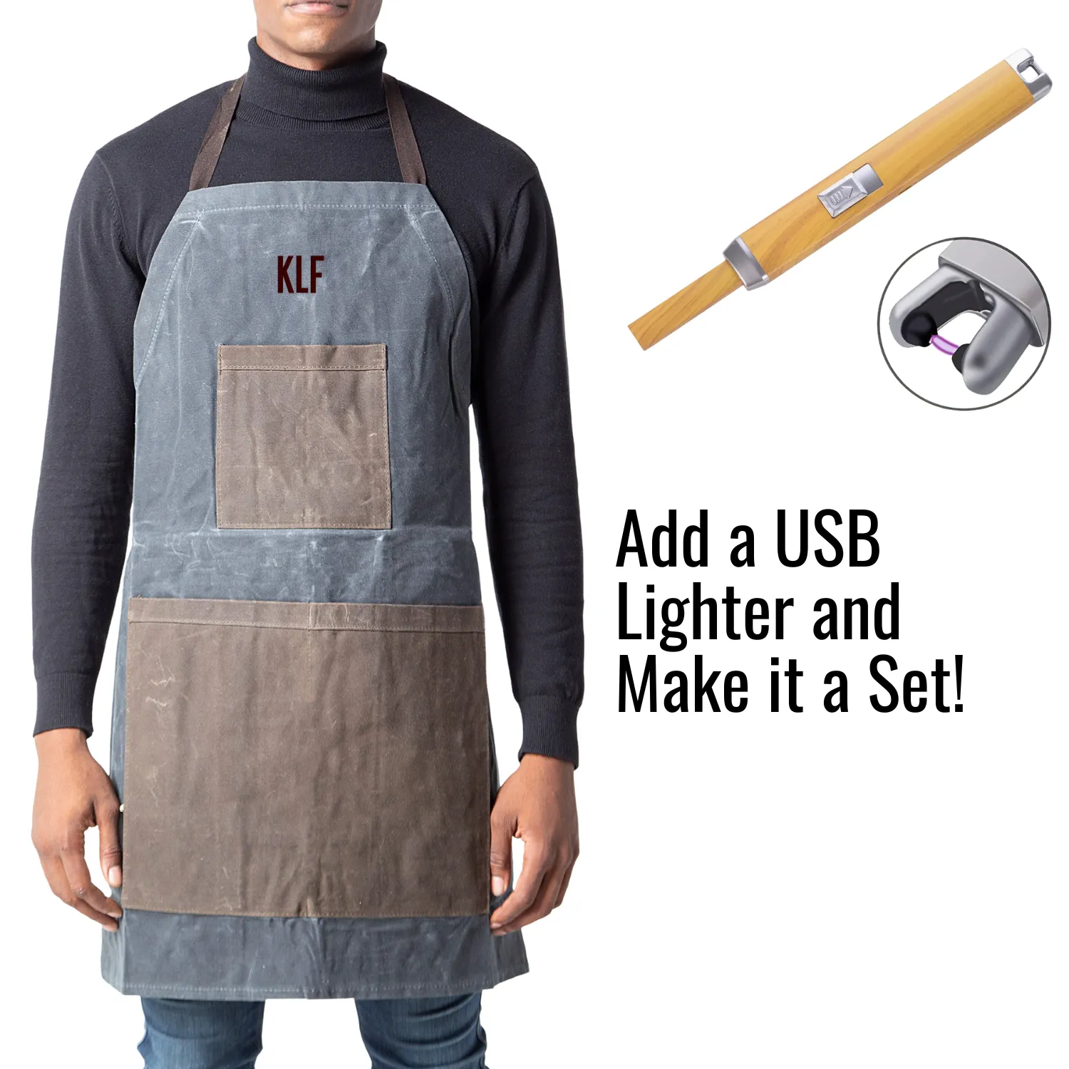 Waxed Canvas BBQ Apron and Lighter Gift Set - Father's Day Gift - Gift for Men - Navy Blue Khaki Brown - 2 Colors