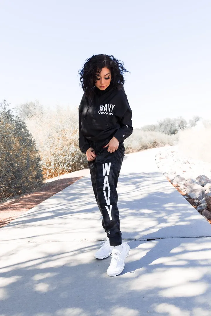 White WAVY (Vertical) | Black Camo Joggers