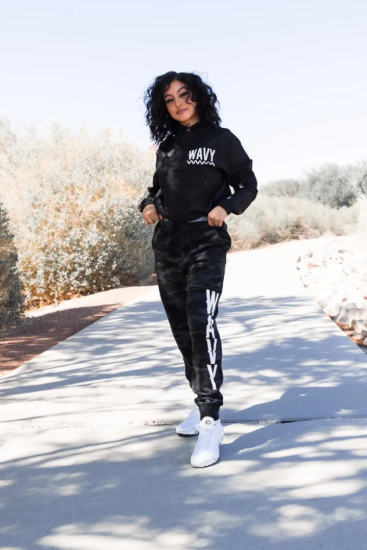 White WAVY (Vertical) | Black Camo Joggers