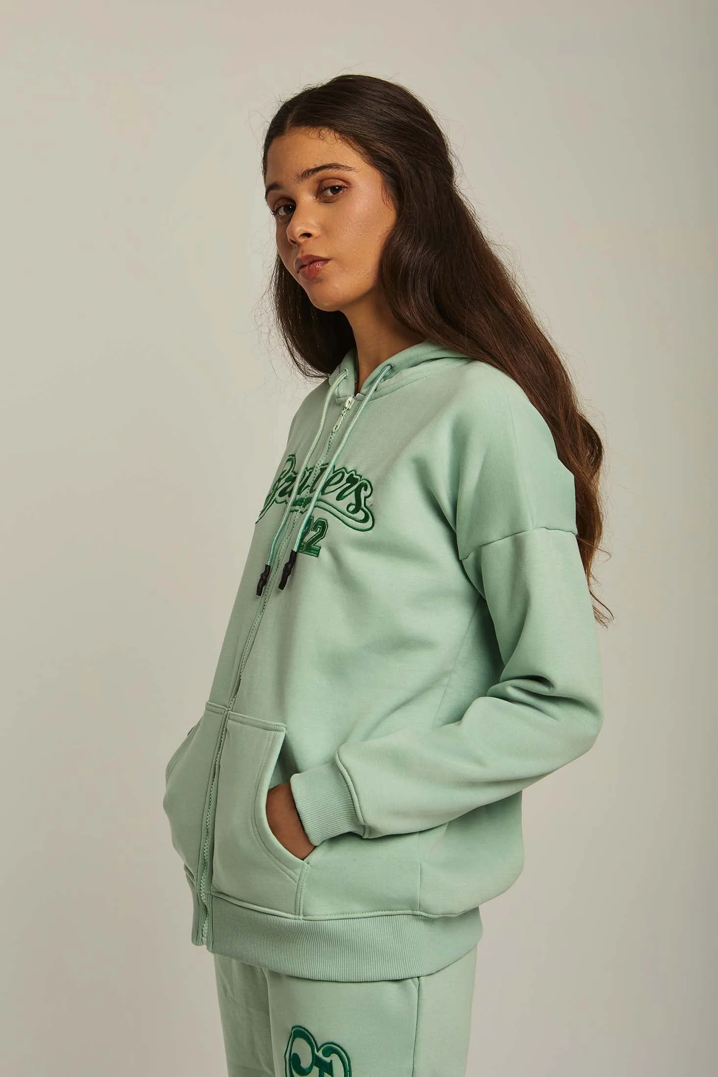 Women Sweat Jacket Embroidered Mint Green