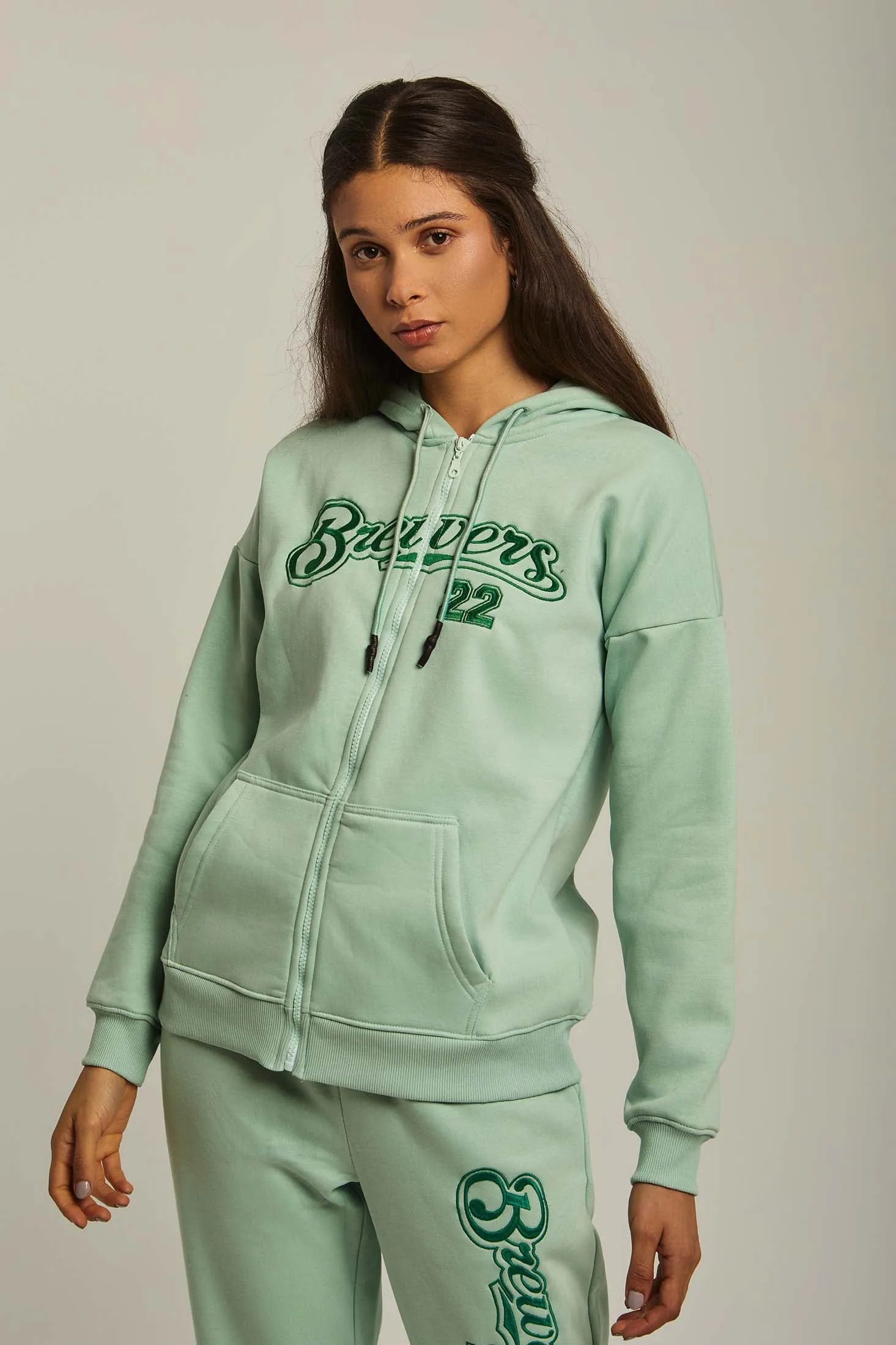 Women Sweat Jacket Embroidered Mint Green