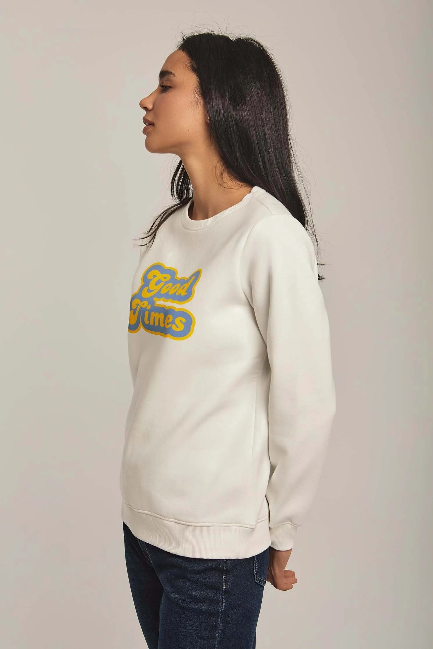 Women Sweat Shirt Crew Neck Regular Off White