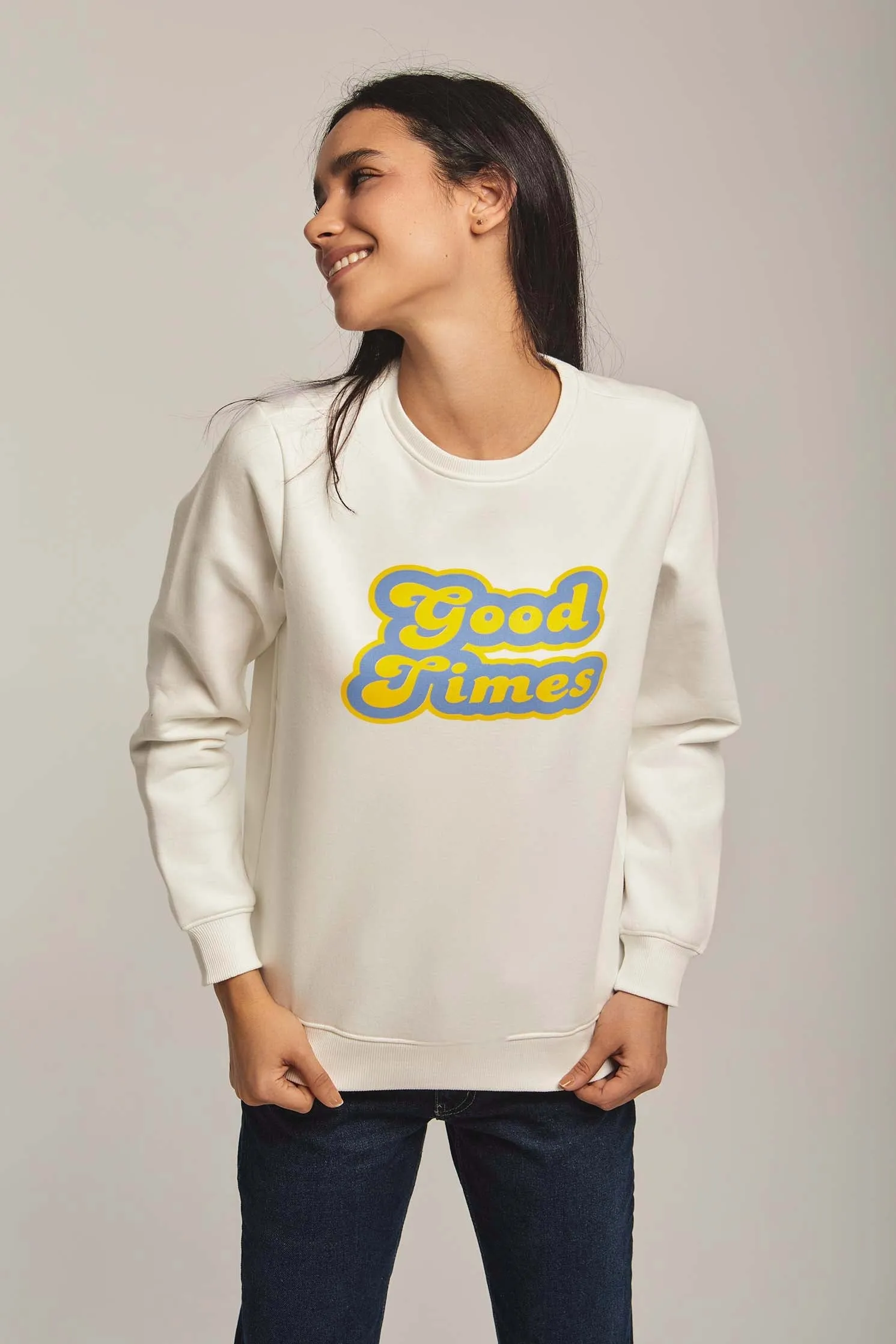 Women Sweat Shirt Crew Neck Regular Off White