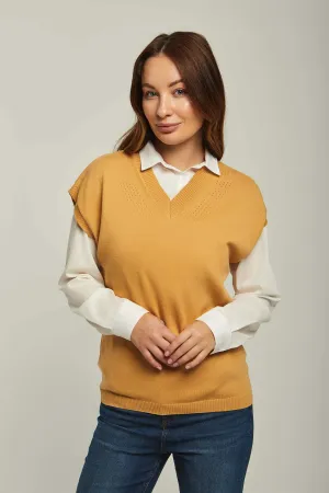 Women Vest Loose Fit V Neck Beige