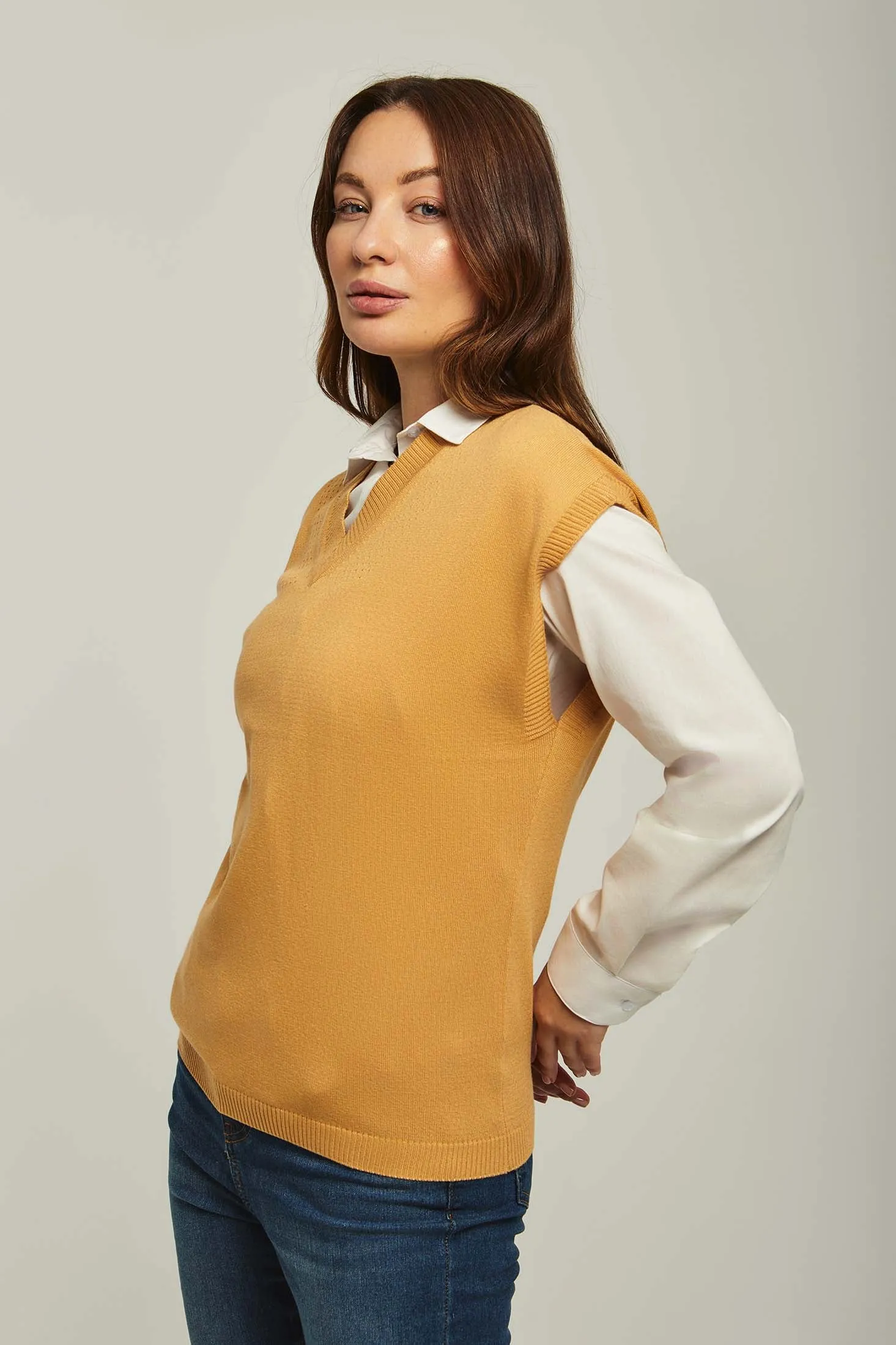 Women Vest Loose Fit V Neck Beige