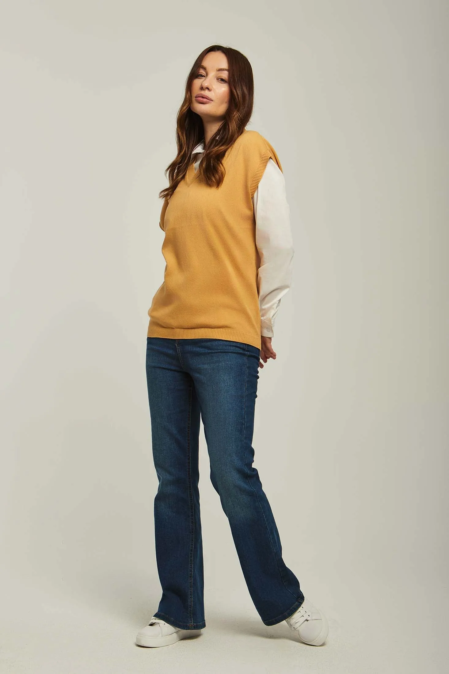 Women Vest Loose Fit V Neck Beige