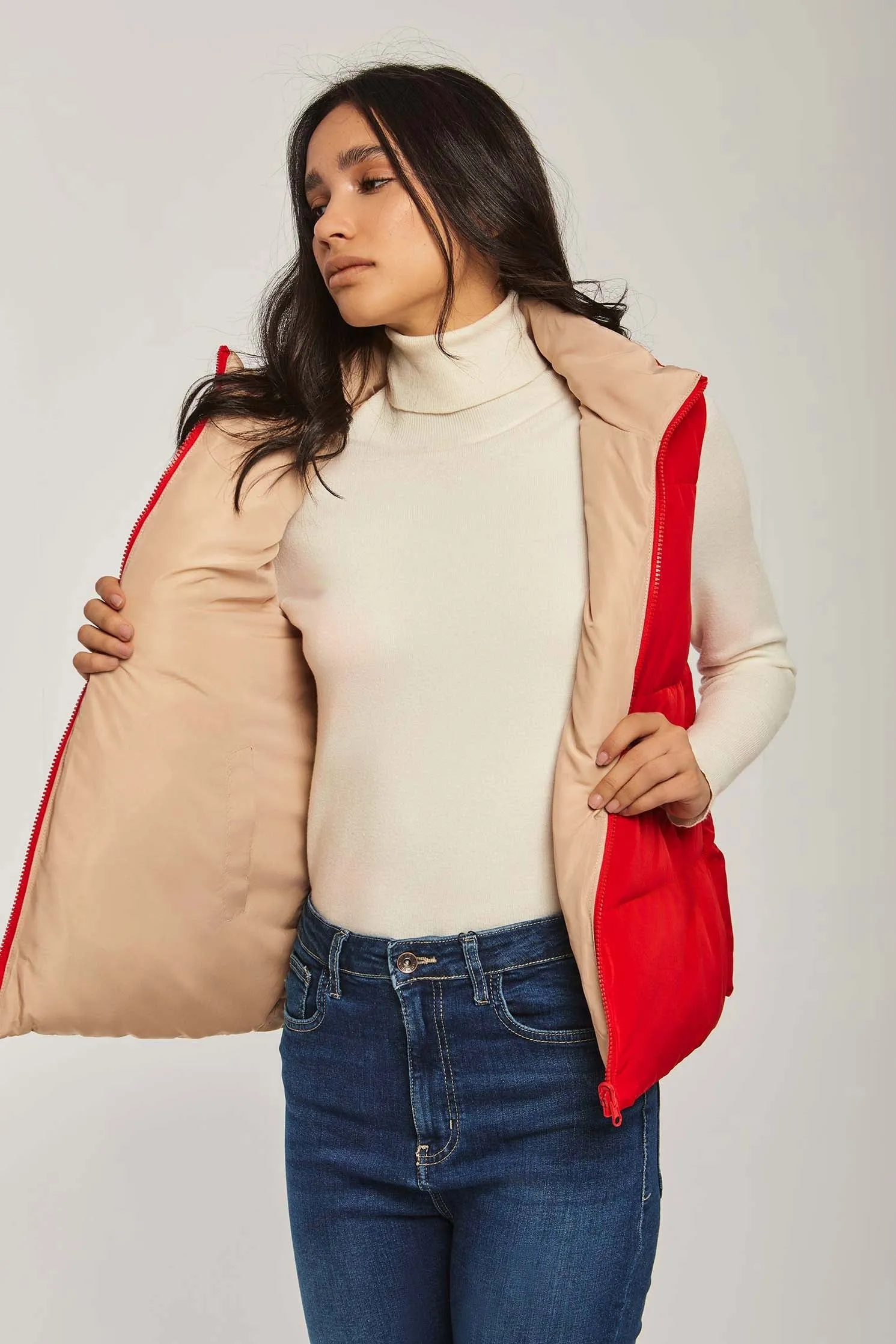 Women Vest Reversible Puffer Red