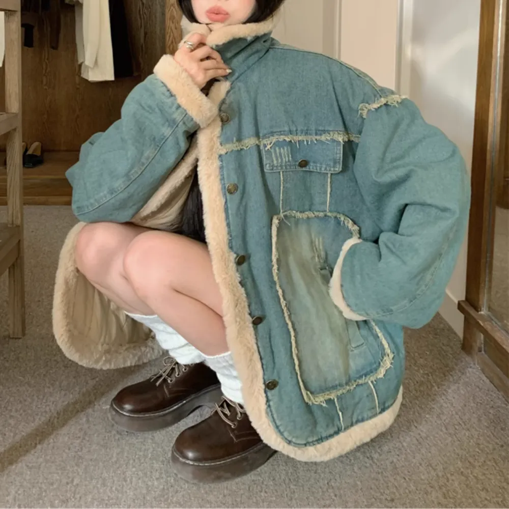 Women''s Winter Warm Stitched Denim Coat
