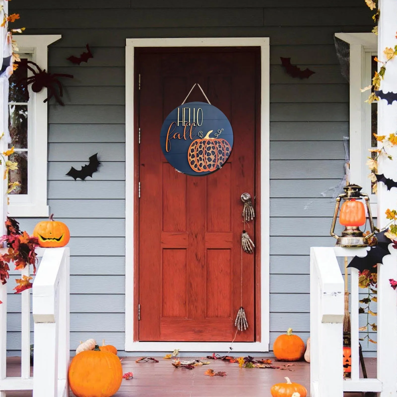 Wooden Door Sign with Pumpkin Maple Leaf Country Wall Art for Farmhouse Porch Home Decor