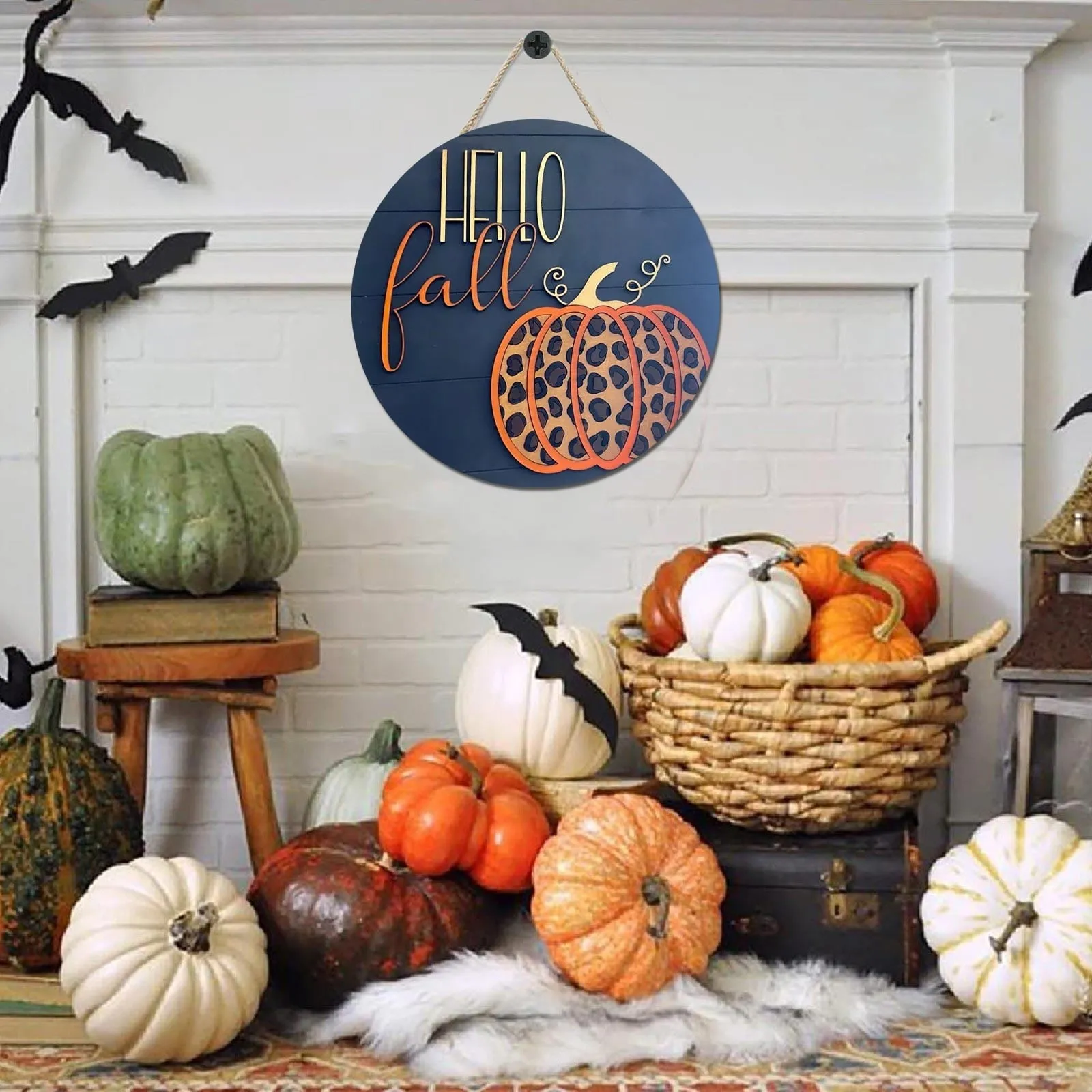 Wooden Door Sign with Pumpkin Maple Leaf Country Wall Art for Farmhouse Porch Home Decor