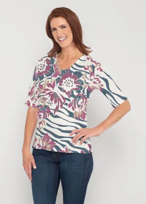 Zebra Posy Navy (8123) ~ Signature Elbow Sleeve V-Neck Top