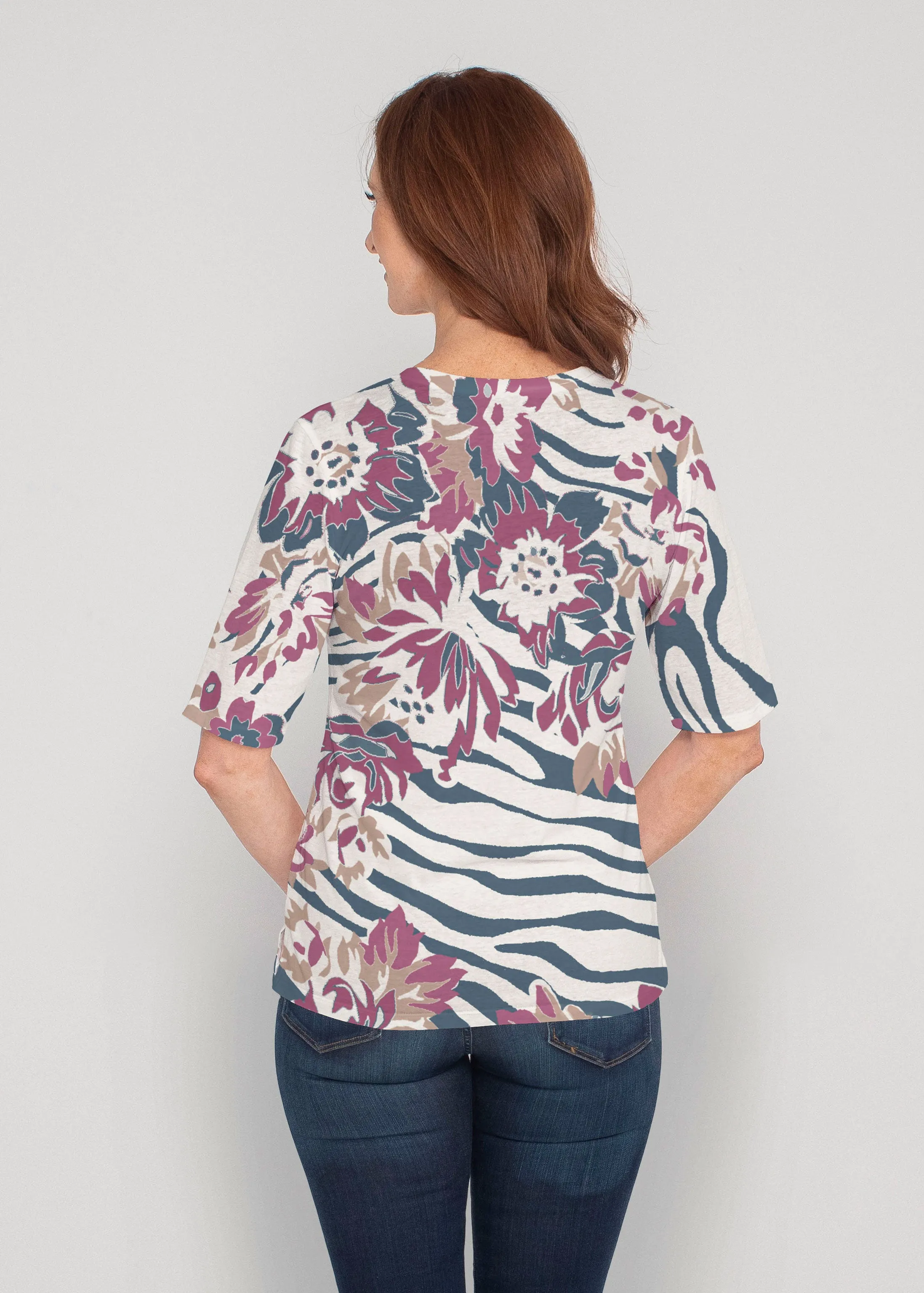 Zebra Posy Navy (8123) ~ Signature Elbow Sleeve V-Neck Top